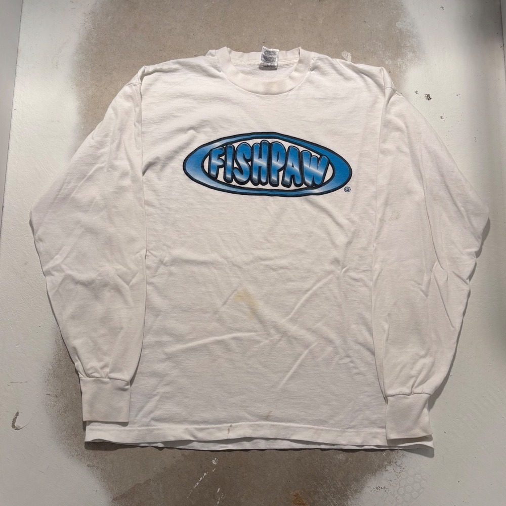 Vintage Fishpaw Skater Shirt Mens XL White Long Sleeve Graphic Fruit of the Loom